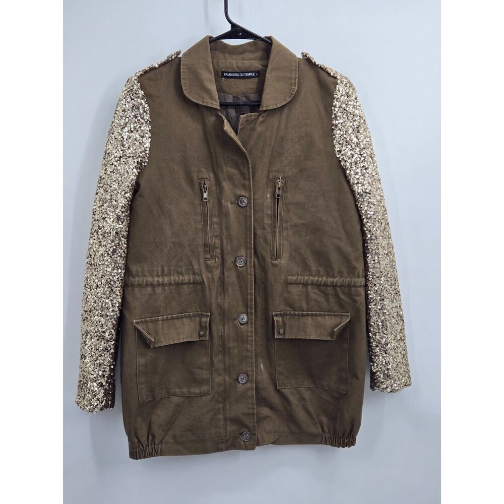 Faubourg du Temple Military Green Statement Jacket‎ W/ Gold Sequin Sleeves, S